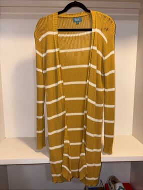 Mustard & White Striped Open-Front Long Cardigan